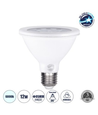 GLOBOSTAR® SPOTPAR 60084 Σποτ E27 PAR30 LED 12W 1200lm 36° AC 220-240V IP20 Ψυχρό Λευκό 6000K - Μ9.5 x Π9.5 x Υ9.5cm - 3 Χρόνια Εγγύηση